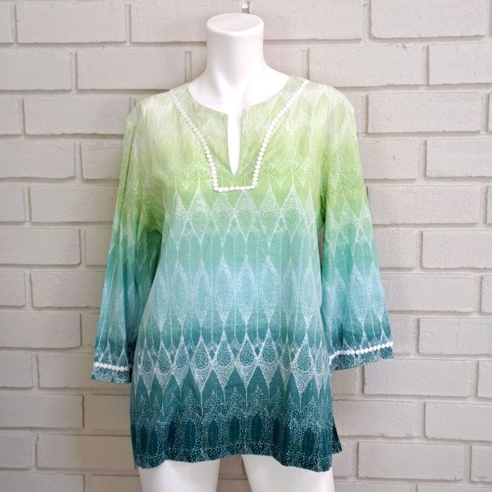Alfred Dunner Ombrey V Neck Silver Striping Blouse. Sze 10